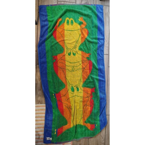 Vintage Cecil Saydah Funny Frogs Beach Towel, 100% Cotton, Kitsch Fun Striped - Picture 5 of 6